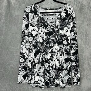 Emaline 2X Top Shirt Black Floral Flower Long Sleeve V Neck Stretch Womens